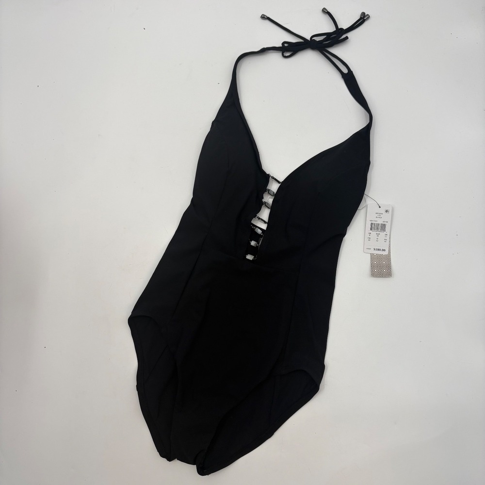 Amoressa Swimwear Womens Size 8 One Peice Swimsuit Black Solid Hardware
